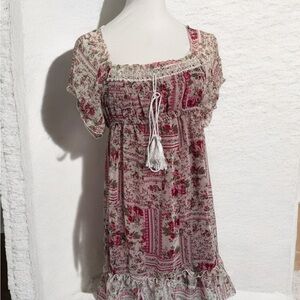 Vintage romantic rose garden Boho Dress with Tassel patchwork milkmaid cottage M
